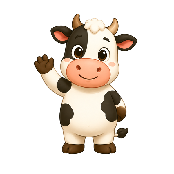 A friendly illustrated cow waving