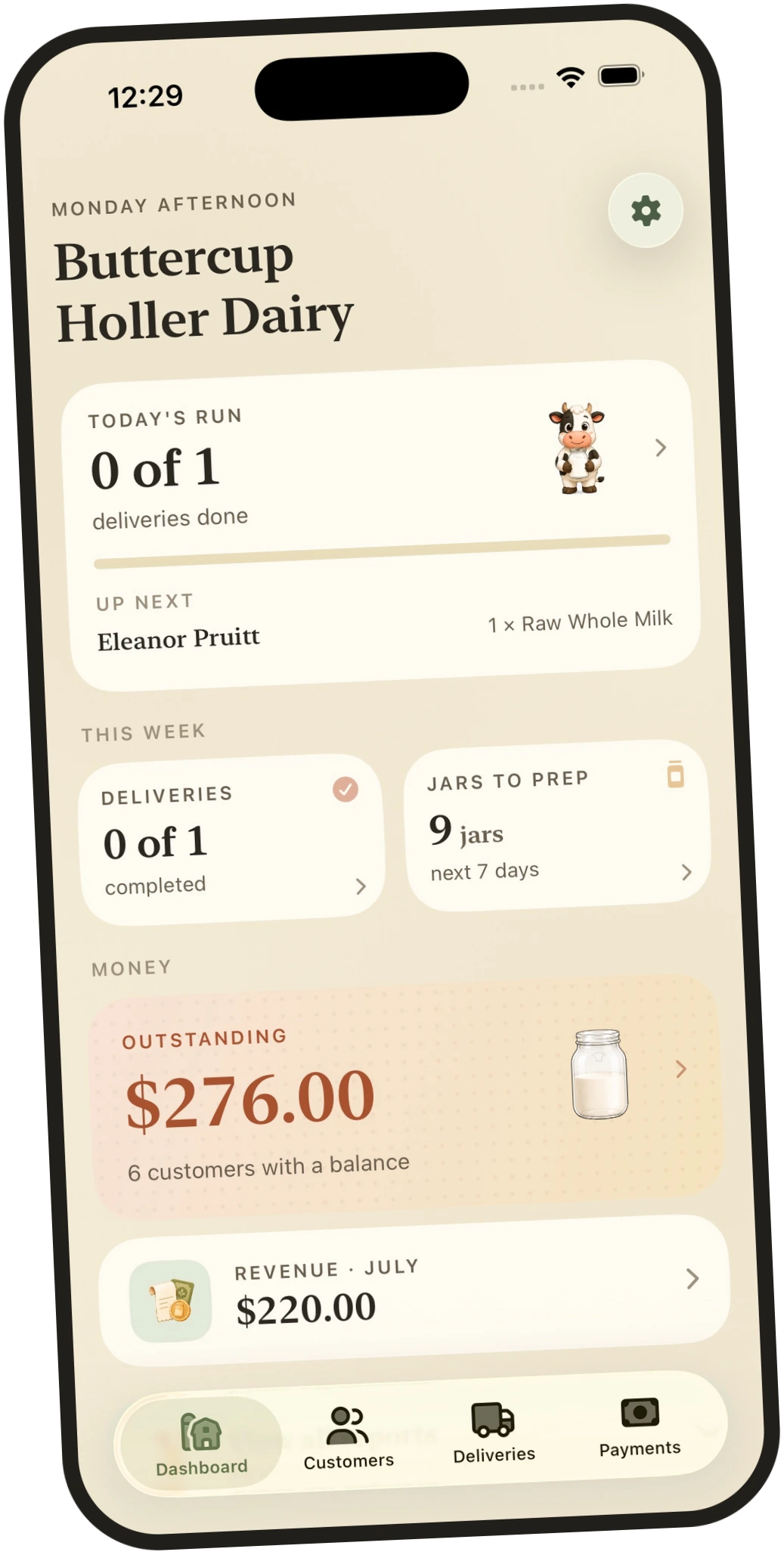 Milk Jar dashboard for Buttercup Holler Dairy showing today's run, deliveries, jars to prep, and outstanding balance