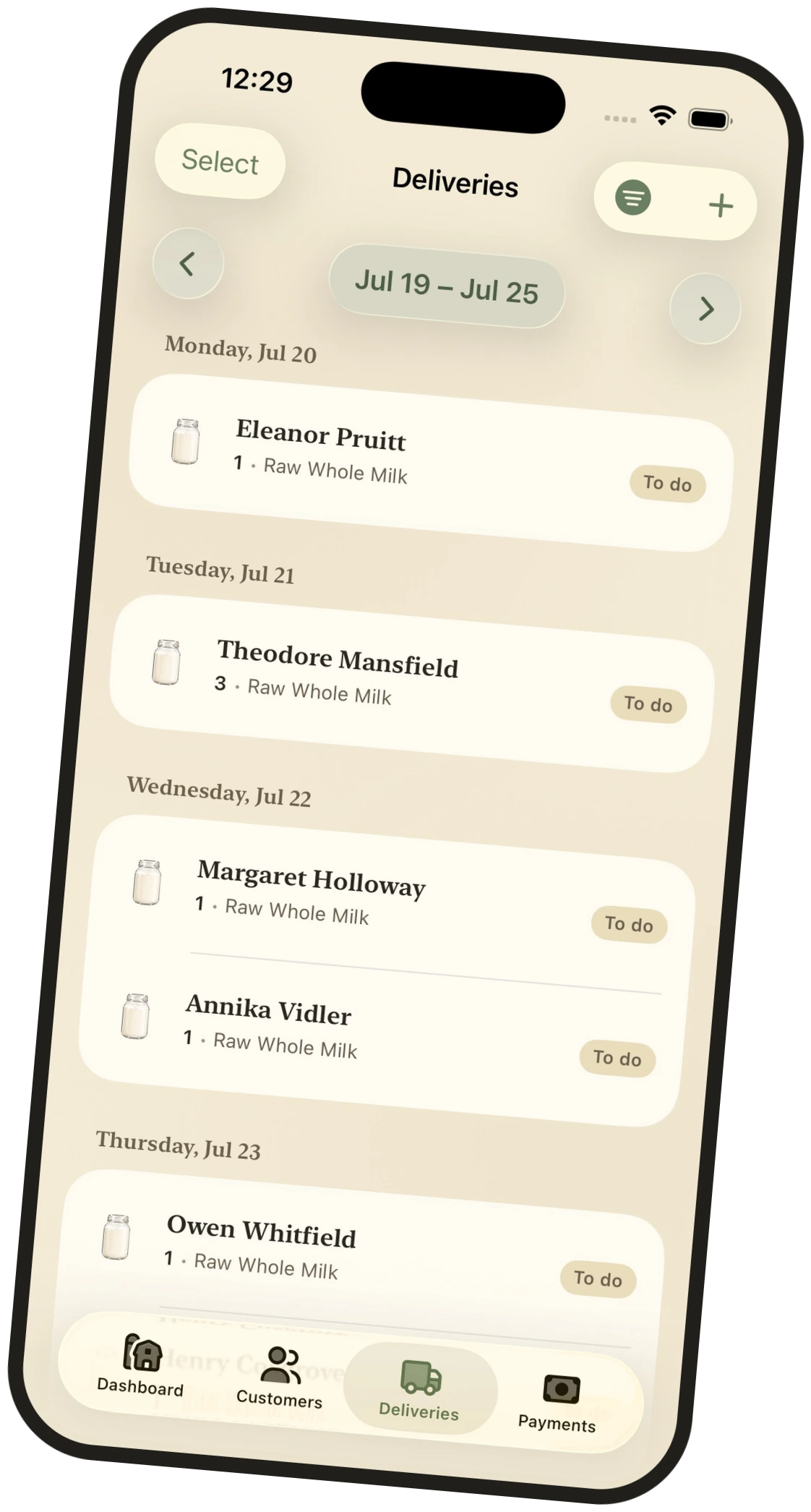 Milk Jar deliveries screen showing the week's route