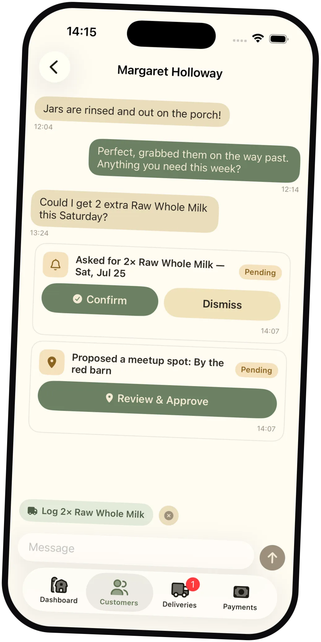 Milk Jar chat with a customer showing a delivery request card, a meetup proposal card, and a smart suggestion chip