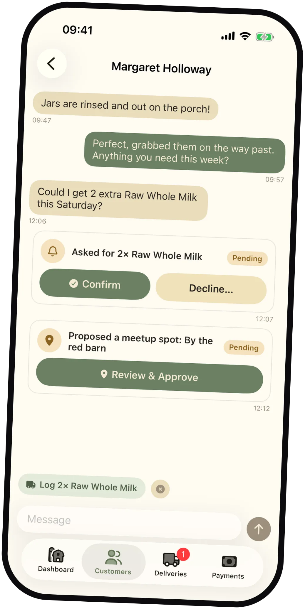 Milk Jar chat with a customer showing a delivery request card, a meetup proposal card, and a smart suggestion chip