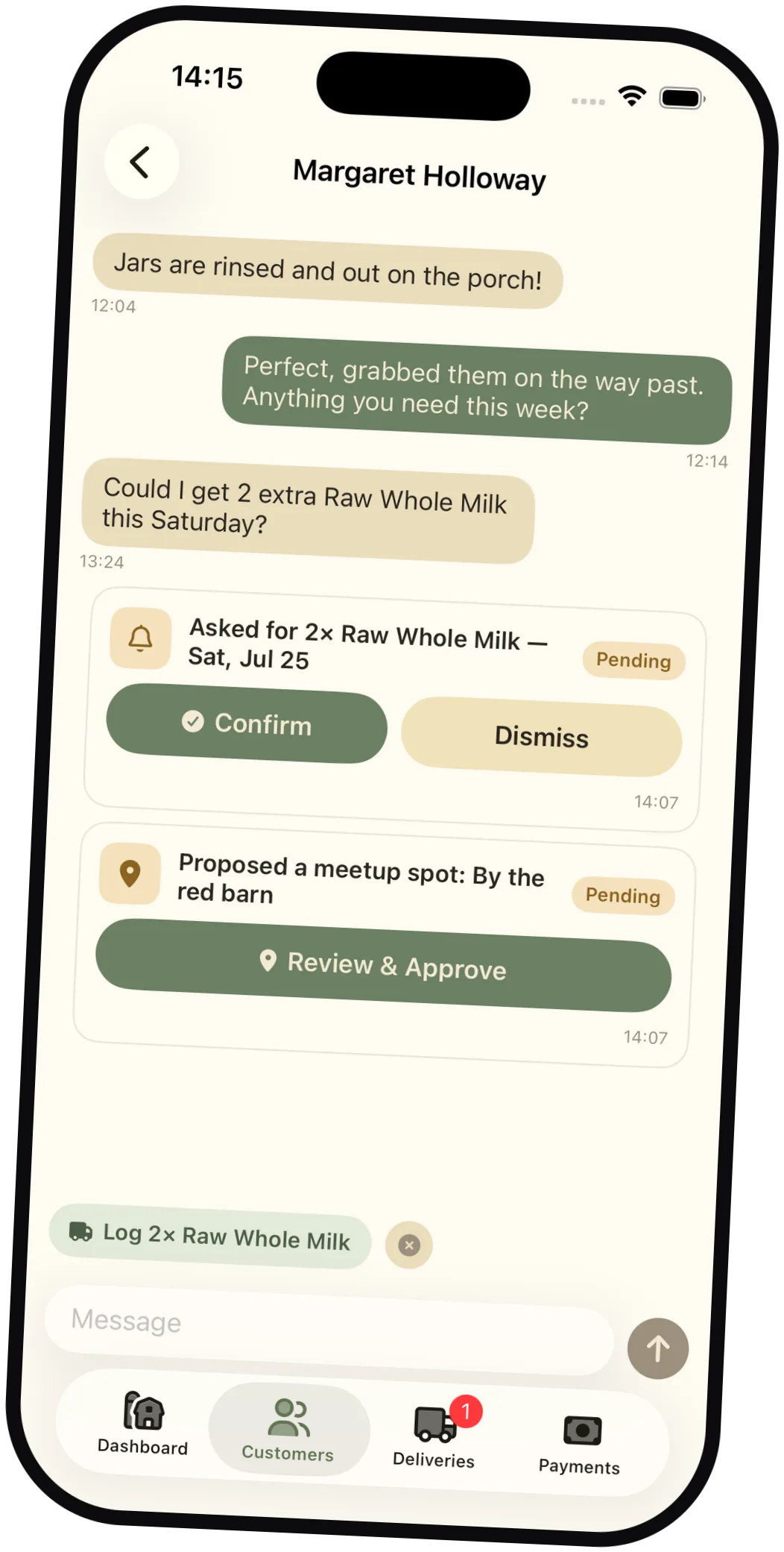 Milk Jar chat with a customer showing a delivery request card, a meetup proposal card, and a smart suggestion chip