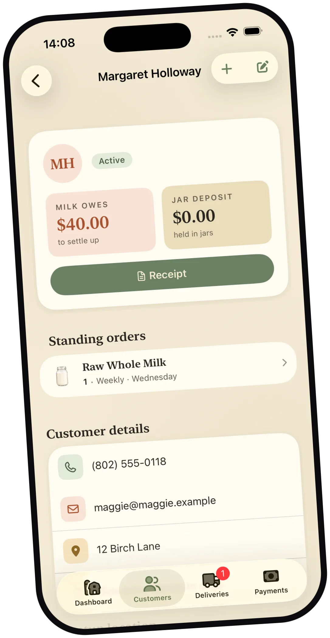 Milk Jar customer detail showing milk owed, jar deposit, and standing orders