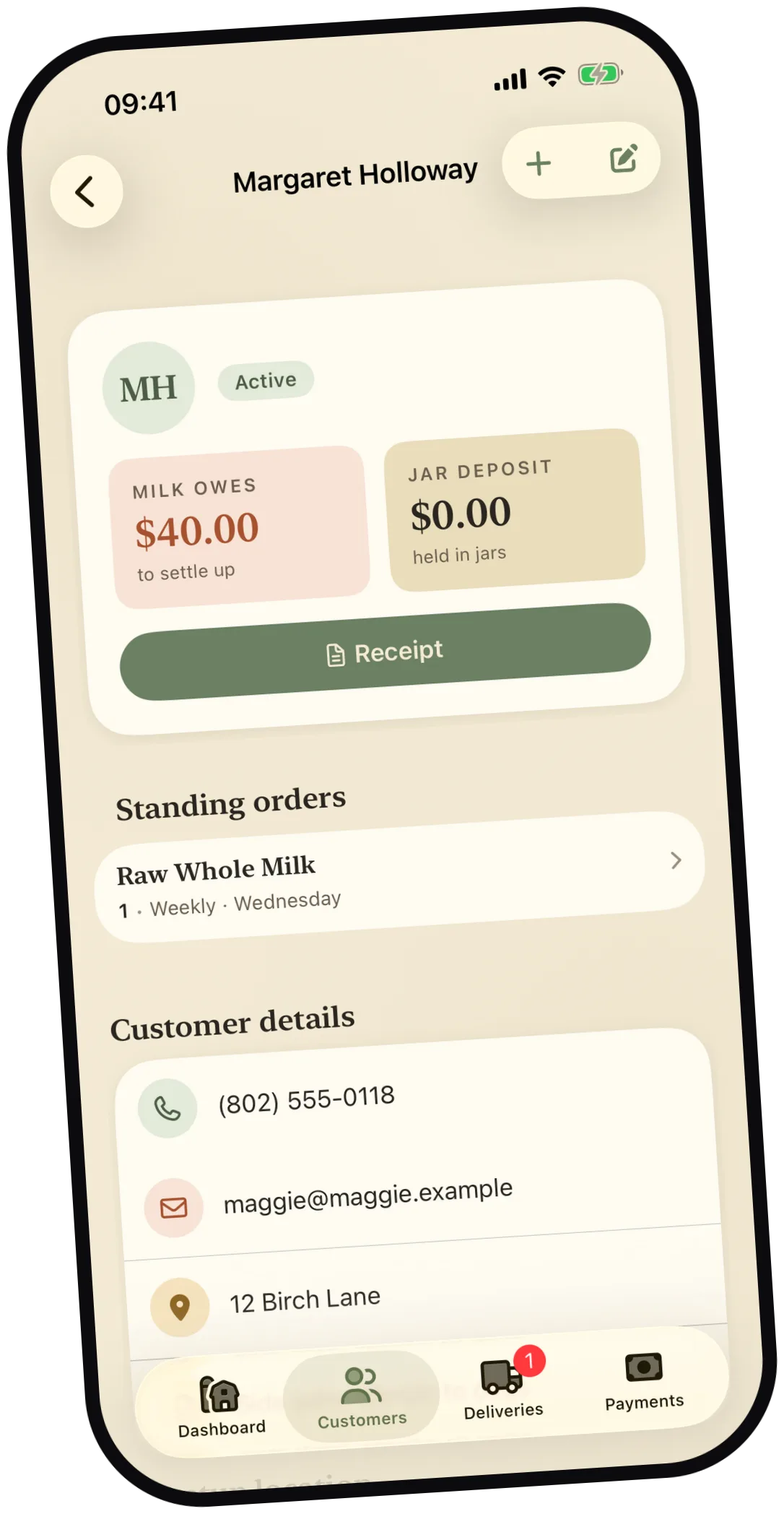 Milk Jar customer detail showing milk owed, jar deposit, and standing orders
