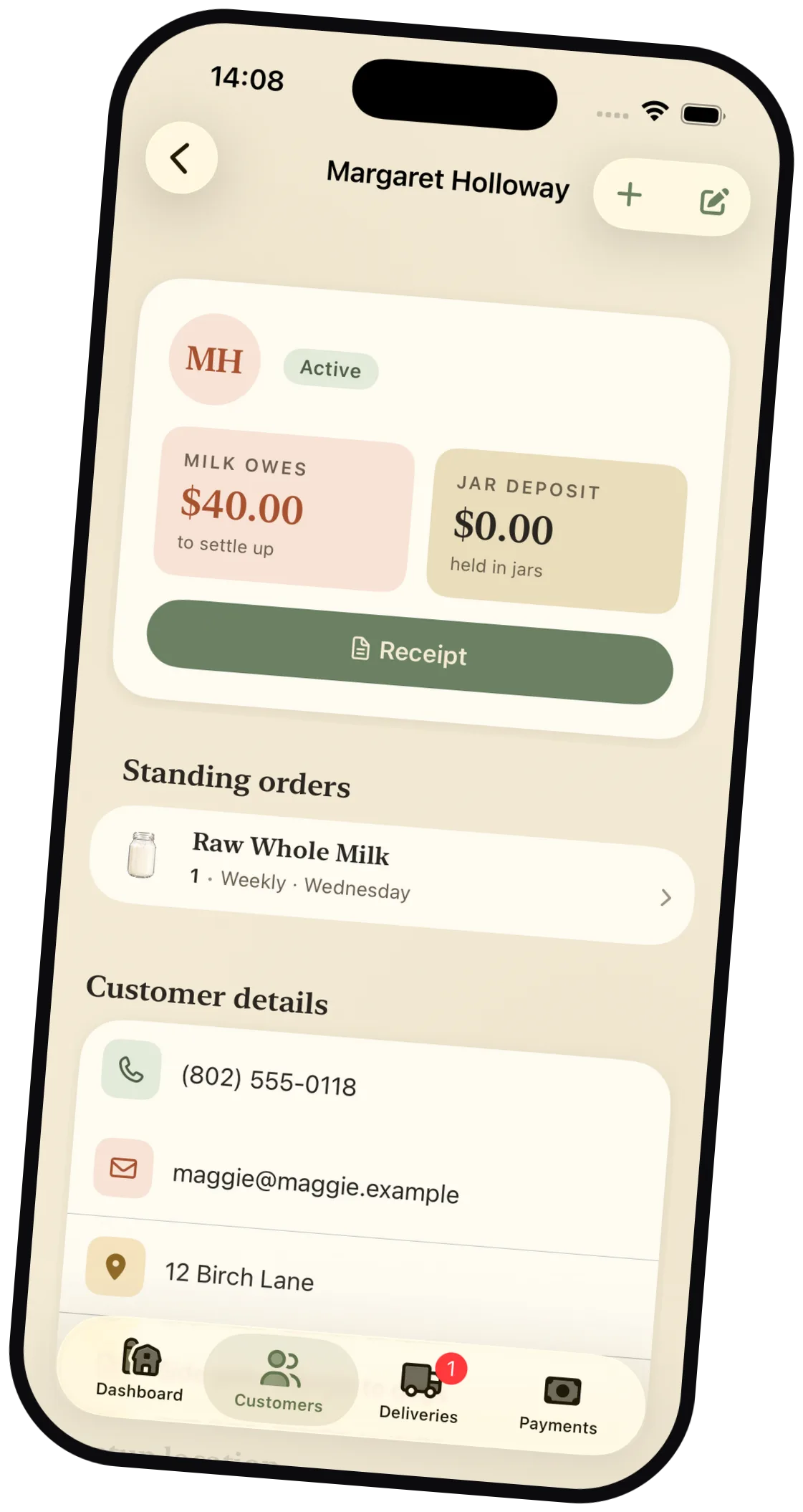 Milk Jar customer detail showing milk owed, jar deposit, and standing orders
