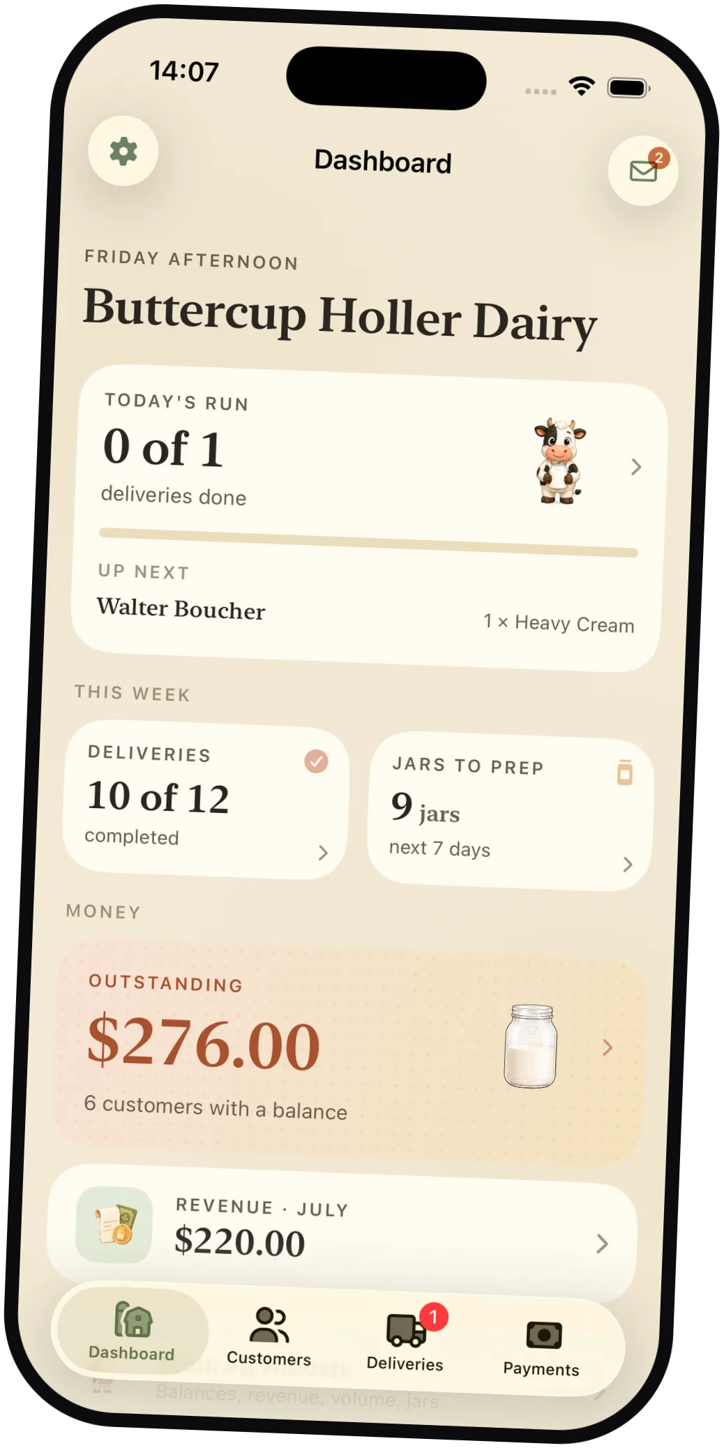 Milk Jar dashboard for Buttercup Holler Dairy showing today's run, deliveries, jars to prep, and outstanding balance