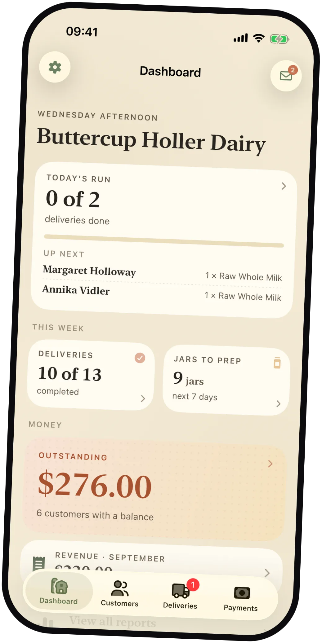 Milk Jar dashboard for Buttercup Holler Dairy showing today's run, deliveries, jars to prep, and outstanding balance