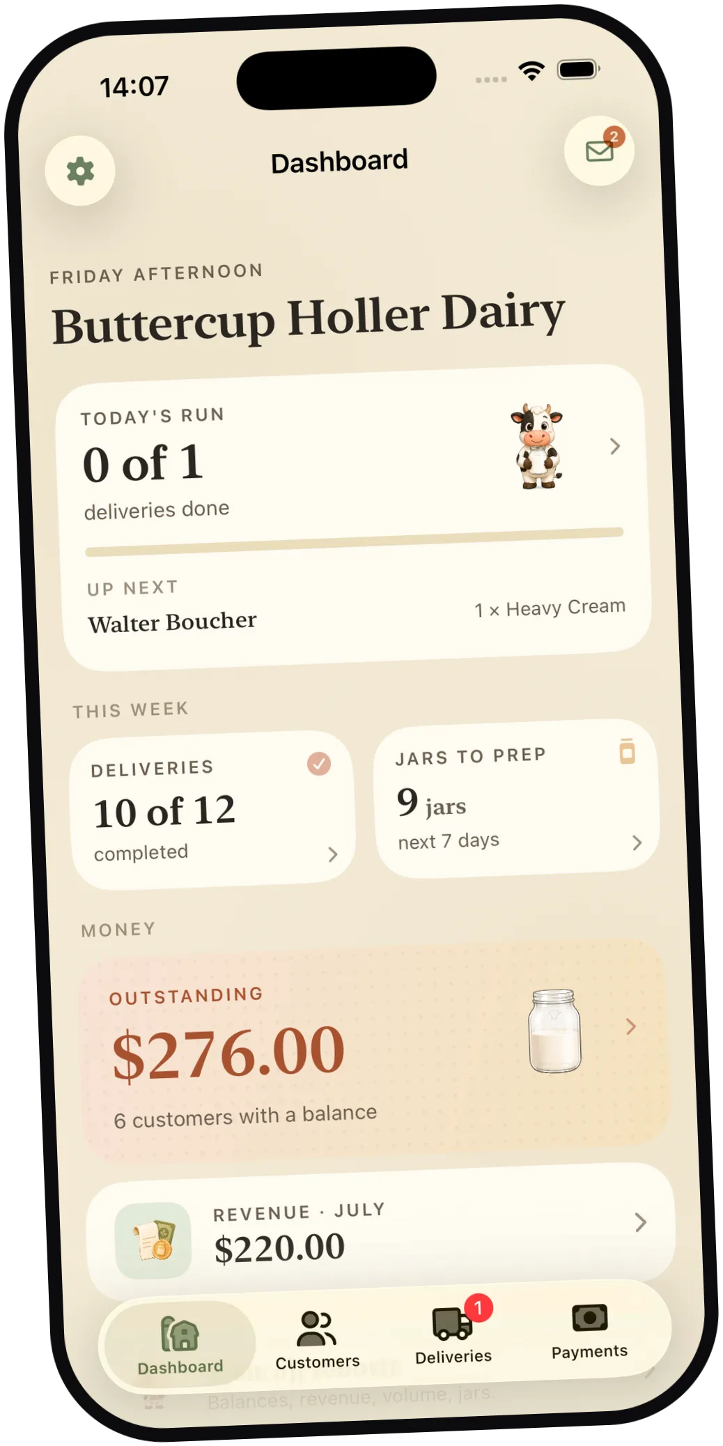 Milk Jar dashboard for Buttercup Holler Dairy showing today's run, deliveries, jars to prep, and outstanding balance