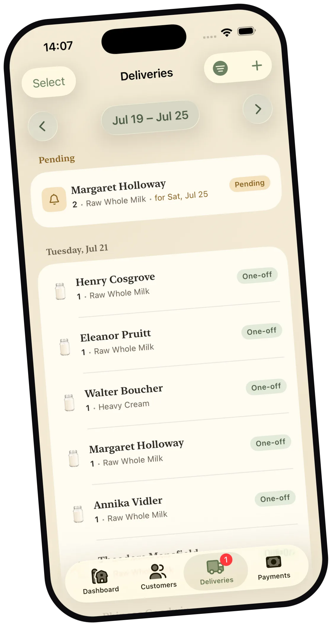 Milk Jar deliveries screen showing the week's route