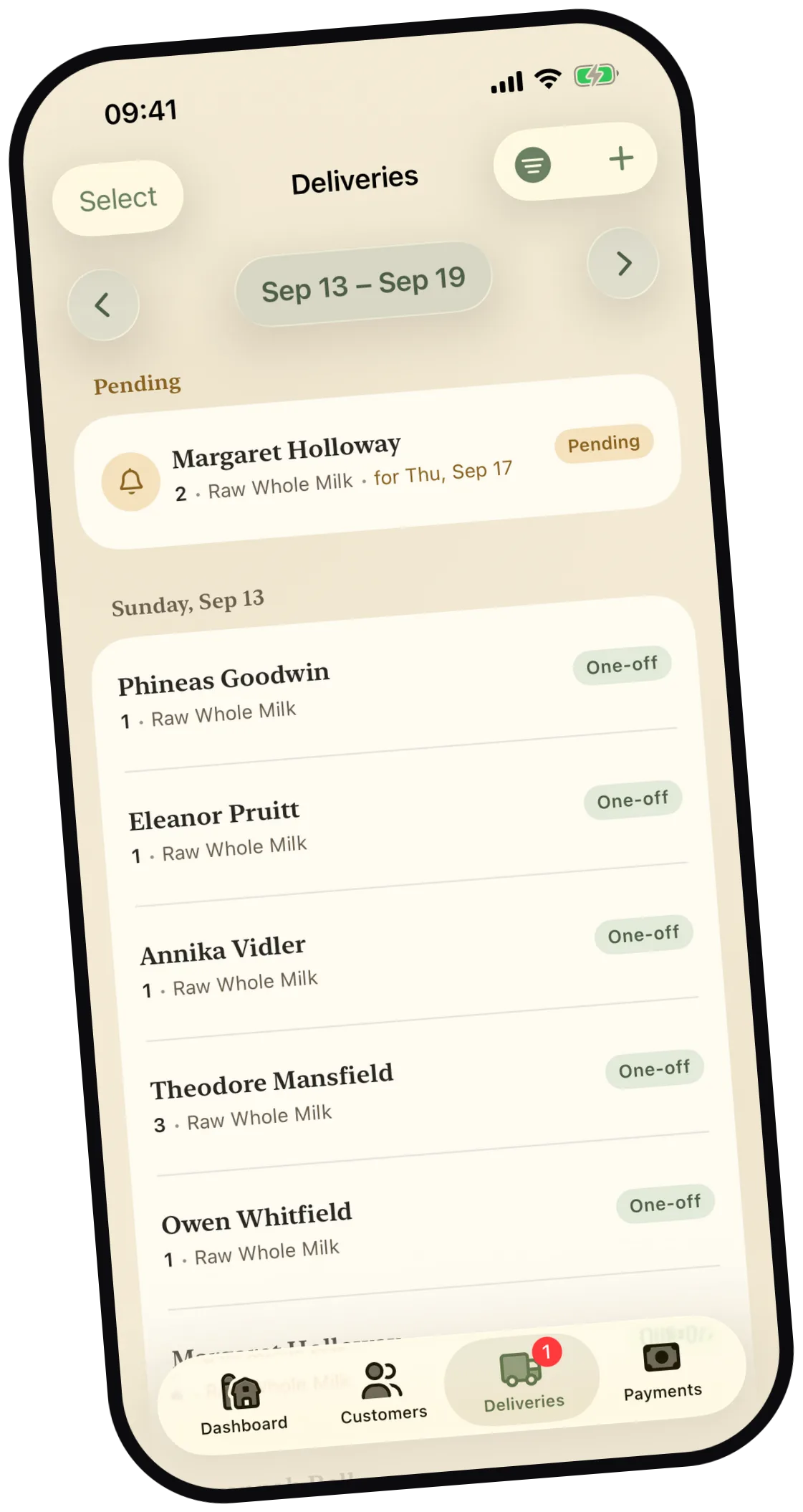 Milk Jar deliveries screen showing the week's route