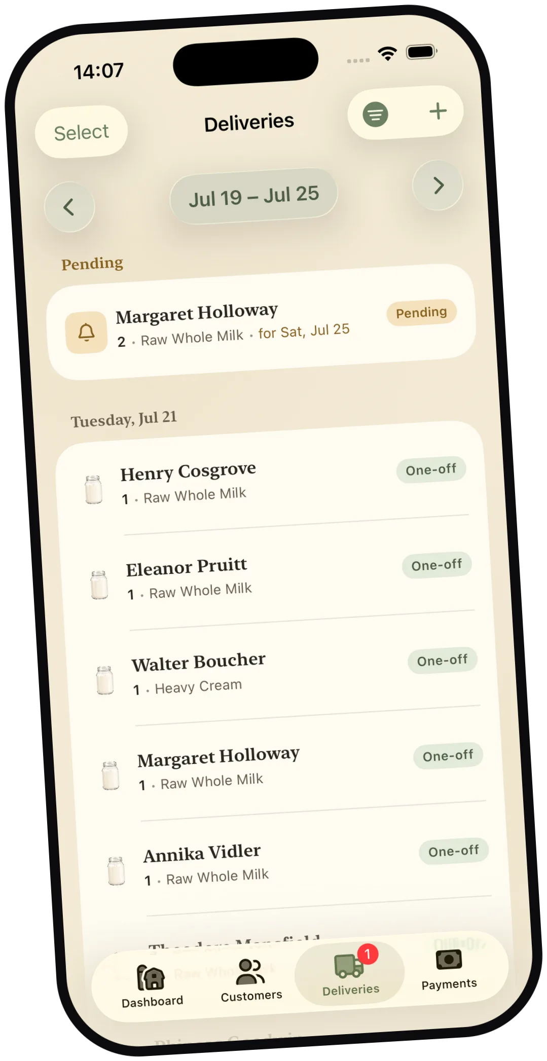 Milk Jar deliveries screen showing the week's route