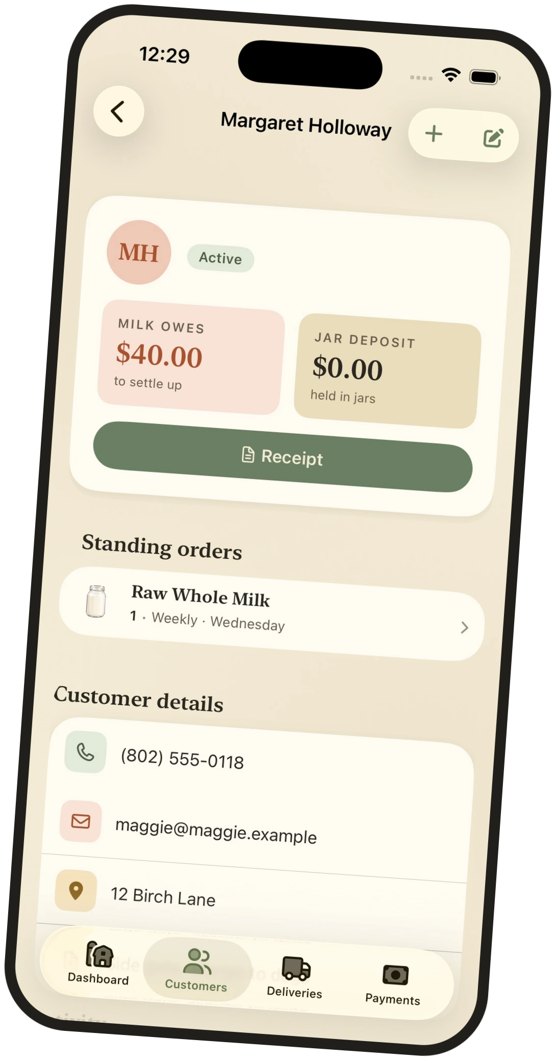 Milk Jar customer detail showing milk owed, jar deposit, and standing orders