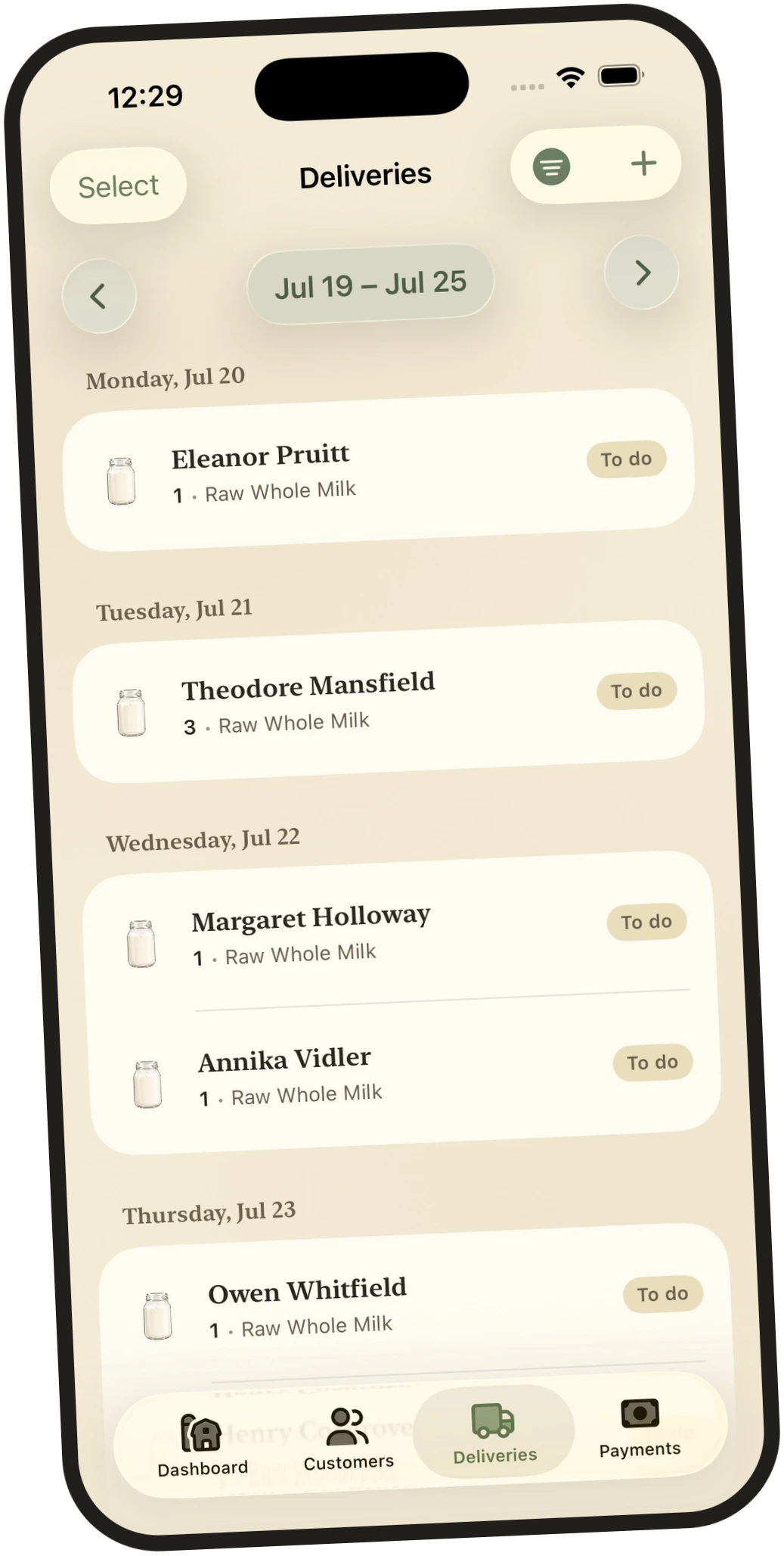 Milk Jar deliveries screen listing the week's stops by day